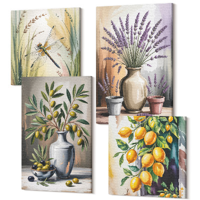 Tablouri canvas set 4 piese Flori și măsline în vaze natură lămâie