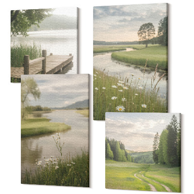 Tablou 4 piese Peisaje de vară liniștite cu un râu și o pajiște cu flori
