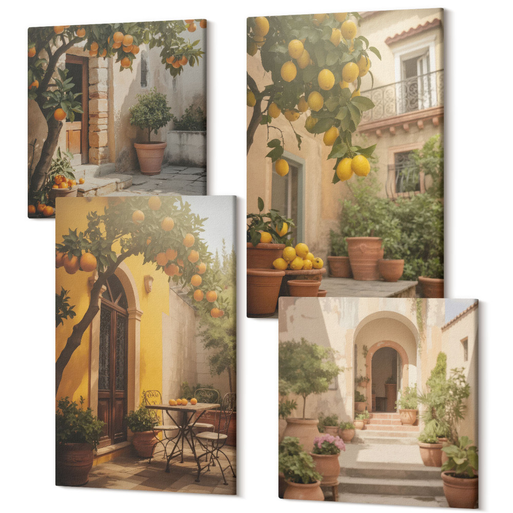 Tablouri canvas set 4 piese Terasă însorită cu citrice și ghivece