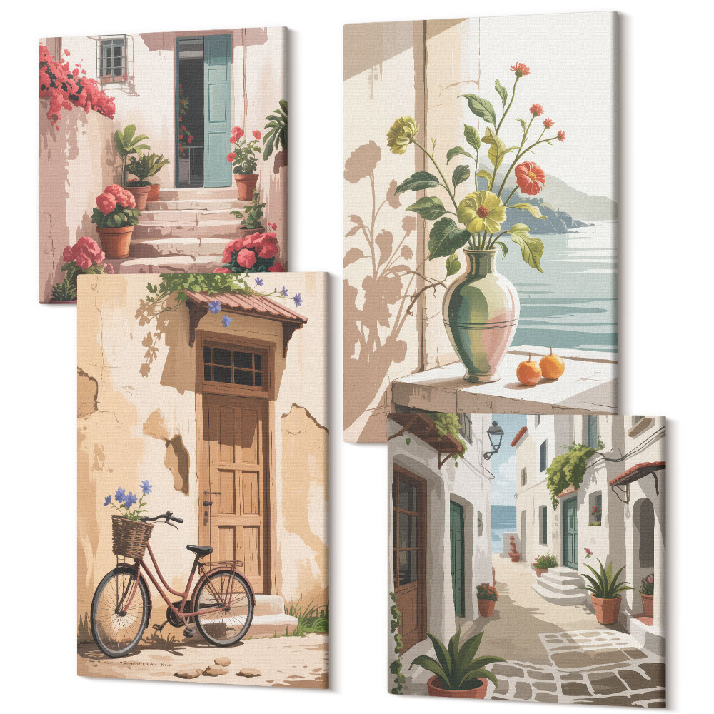 Tablouri canvas set 4 piese Străzi pictate cu flori și o bicicletă