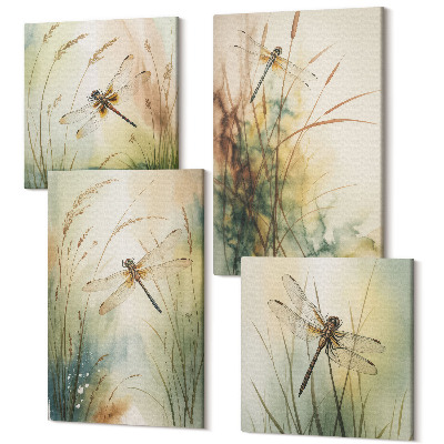 Tablou 4 piese Ierburi pictate cu libelule deasupra apei