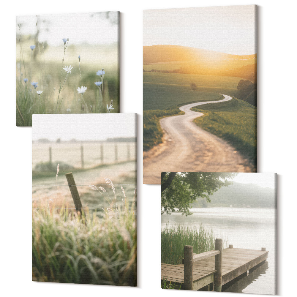 Tablouri multicanvas 4 piese Peisaj cu pajiște, drum și apus