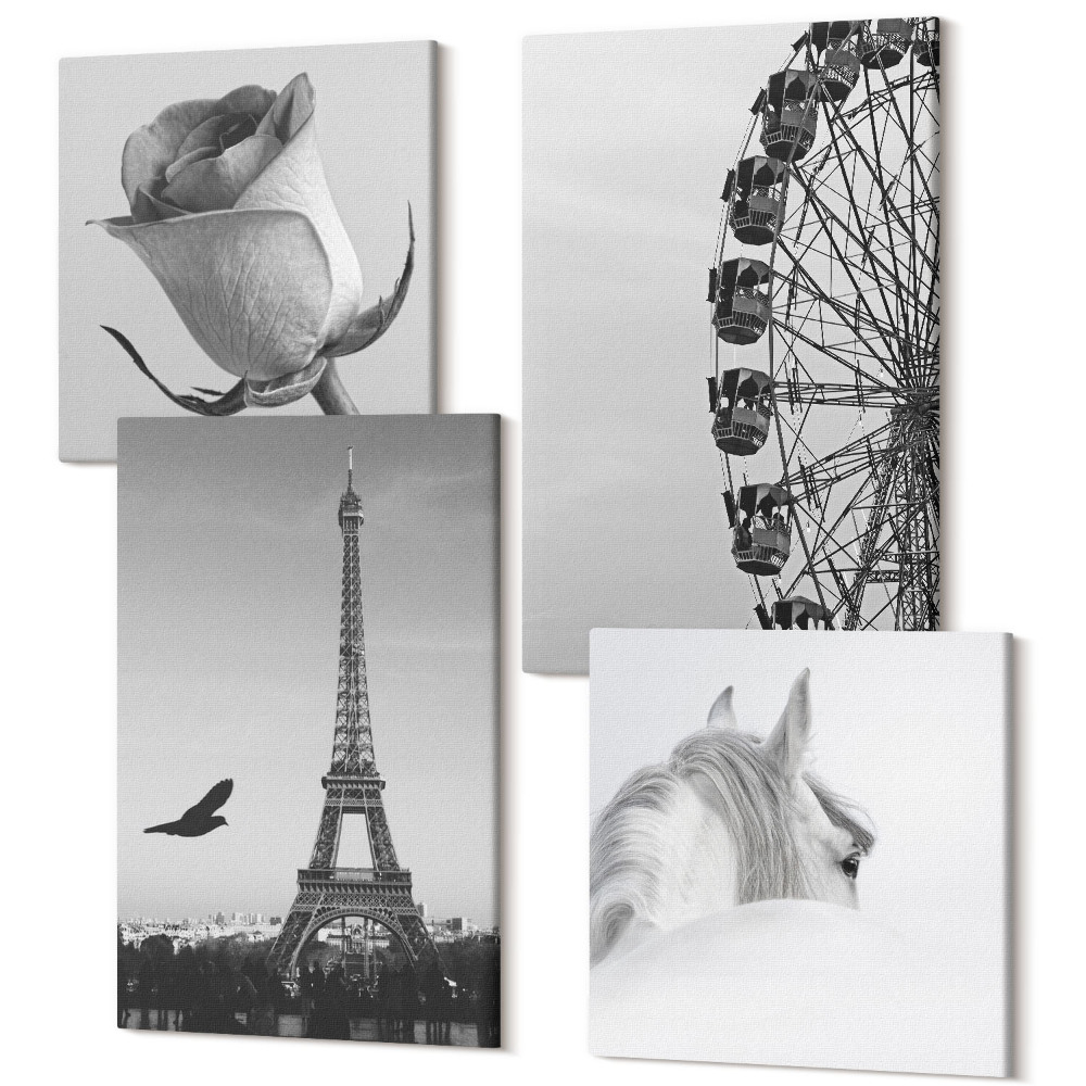 Tablou 4 piese Trandafir Turnul Eiffel Cal Roata Ferris Monocrom