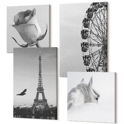Tablou 4 piese Trandafir Turnul Eiffel Cal Roata Ferris Monocrom