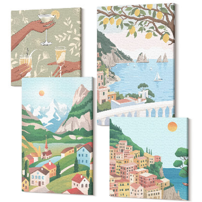 Tablou 4 piese Vedere la malul mării cu case în culori pastelate