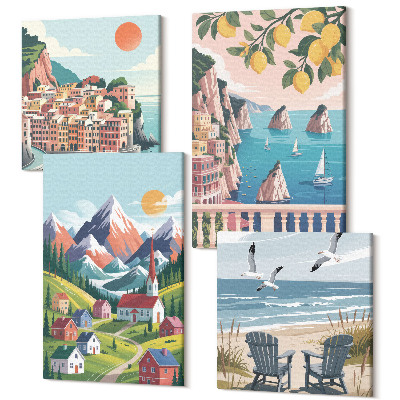 Tablouri canvas set 4 piese Peisaje montane colorate și orașe de pe litoral