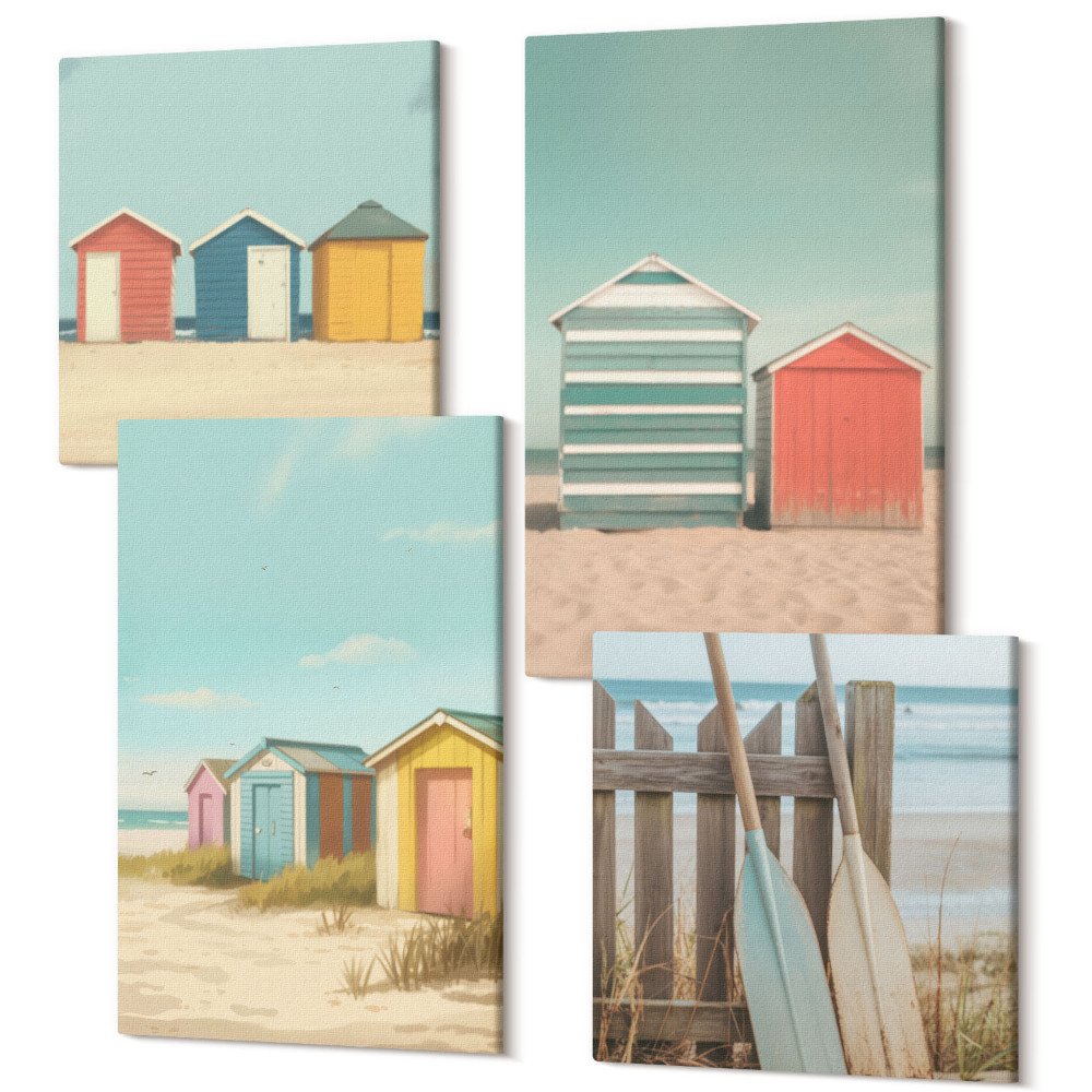 Tablou 4 piese Case colorate pe plajă în soarele verii