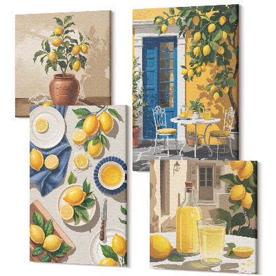 Tablouri canvas set 4 piese Grădină de lămâi cu lămâi și băuturi pe masă