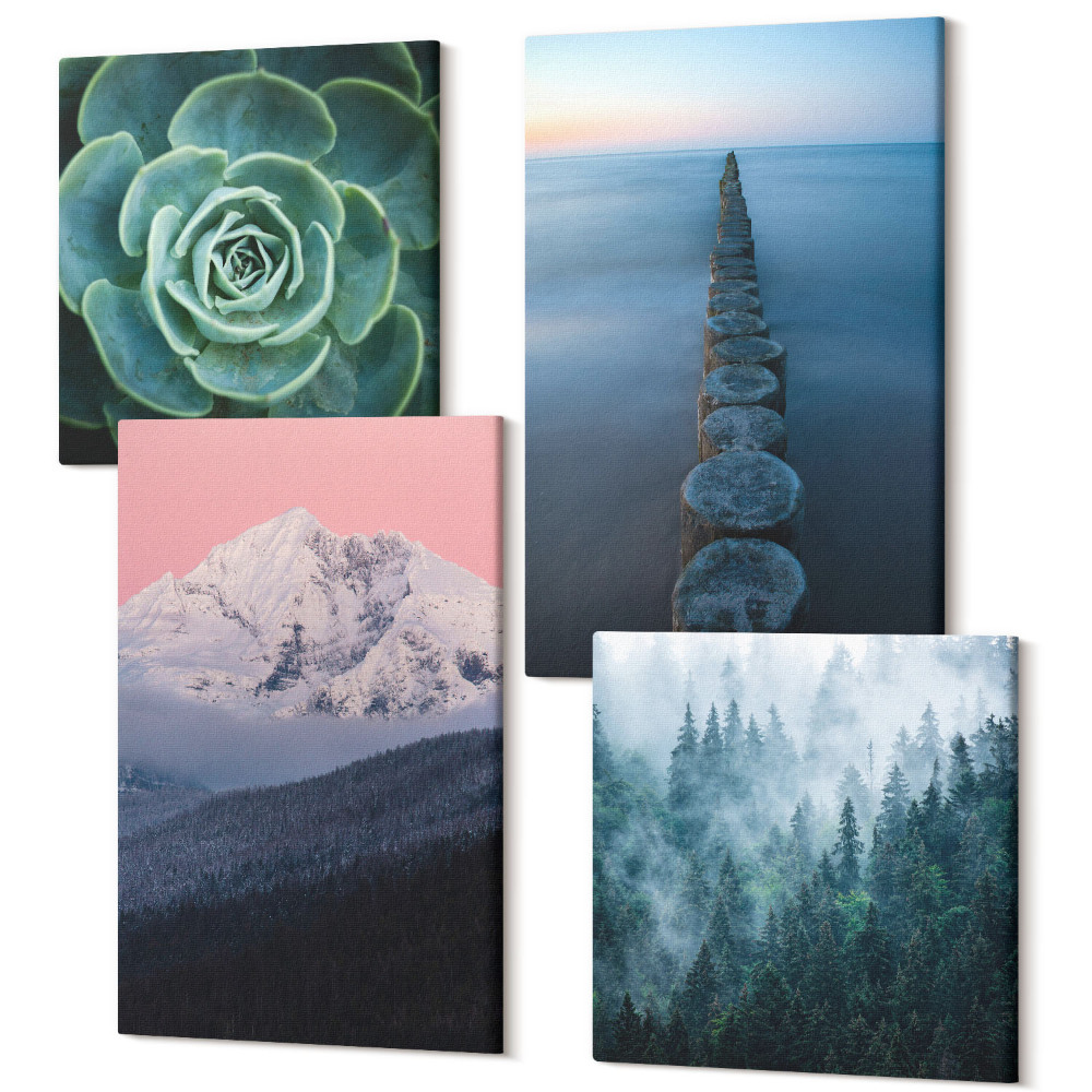 Tablou 4 piese Munți cu cer roz, apă și suculente verzi