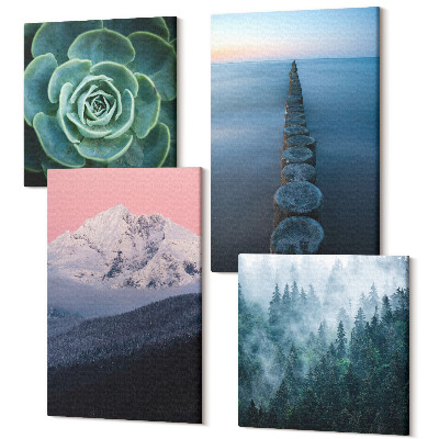Tablou 4 piese Munți cu cer roz, apă și suculente verzi