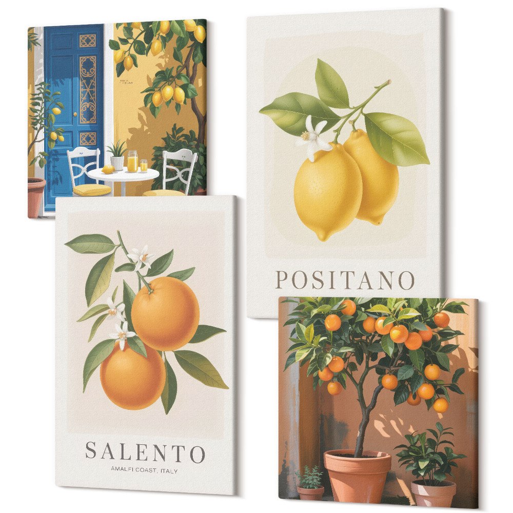 Tablou 4 piese Lămâi și portocale, un oraș de pe coasta italiană Amalfi