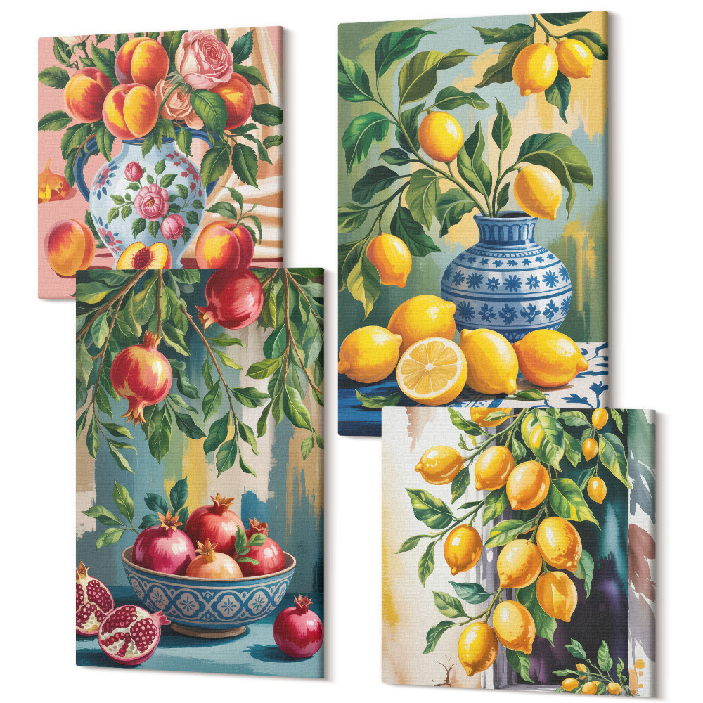 Tablouri canvas set 4 piese Compoziții de fructe cu rodii, lămâi și piersici
