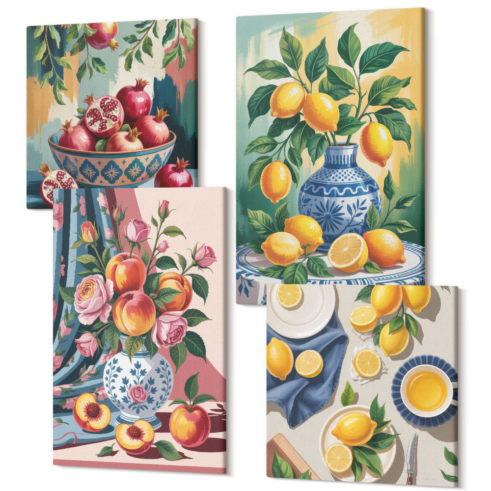 Tablou 4 piese Flori și fructe pictate în vaze