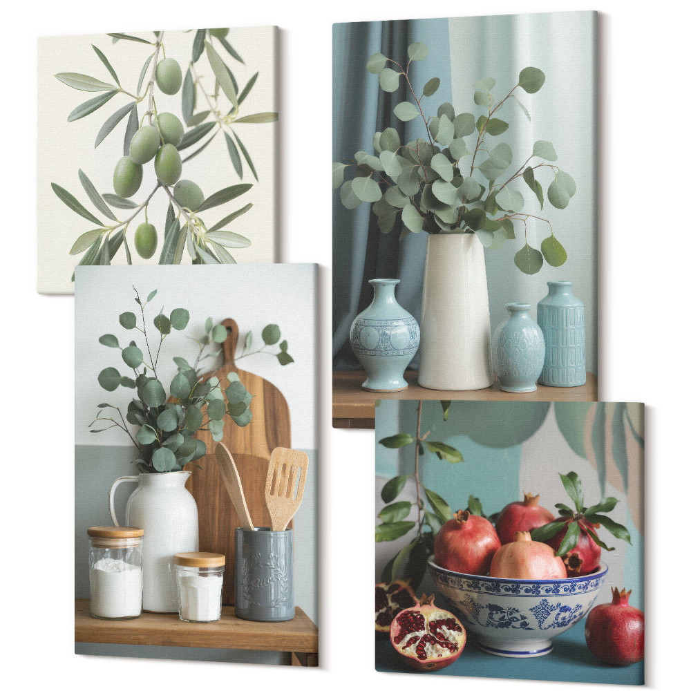 Tablou 4 piese Măsline verzi și ramuri de eucalipt estetică