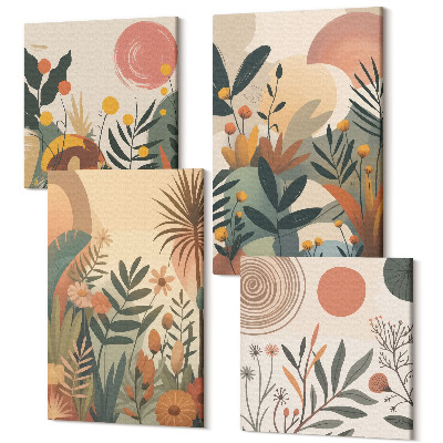 Tablou 4 piese Motive vegetale în culori atenuate cu cercuri