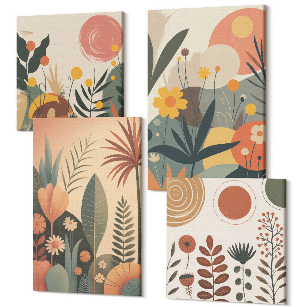 Tablouri multicanvas 4 piese Modele de plante boho în nuanțe calde cu o senzație naturală