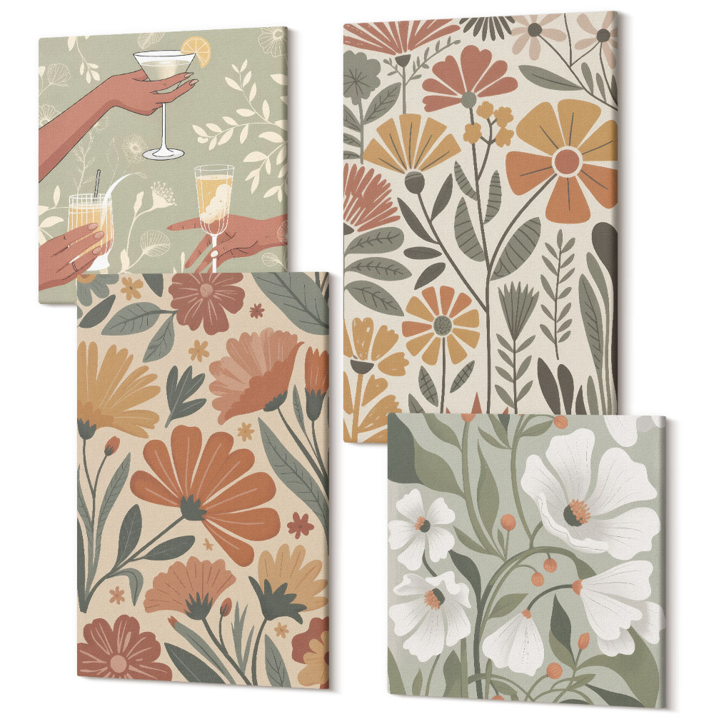 Tablou 4 piese Modele florale în nuanțe de portocaliu și verde