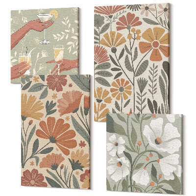 Tablou 4 piese Modele florale în nuanțe de portocaliu și verde