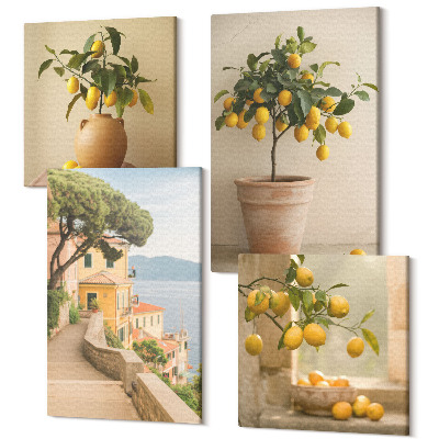 Tablou 4 piese Lămâi în ghivece și pe fereastră