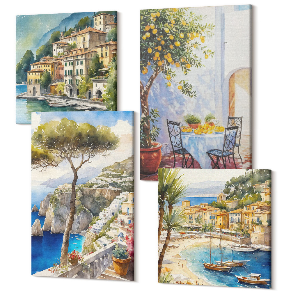 Tablouri canvas set 4 piese Orașe italiene de pe litoral în stil acuarelă