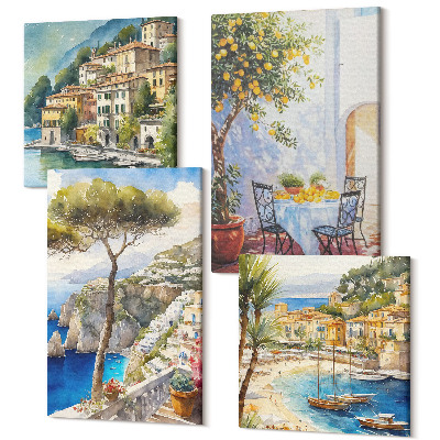 Tablouri canvas set 4 piese Orașe italiene de pe litoral în stil acuarelă