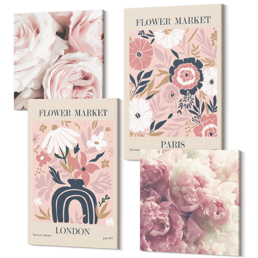 Tablouri multicanvas 4 piese Motive florale trandafiri bujori Londra Paris