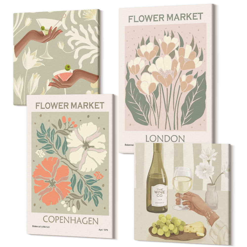 Tablou 4 piese Postere florale vin Copenhaga Londra