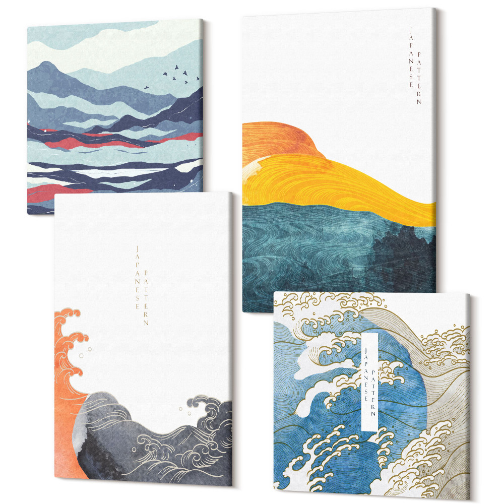 Tablouri canvas set 4 piese Valuri și artă în stil grafic japonez