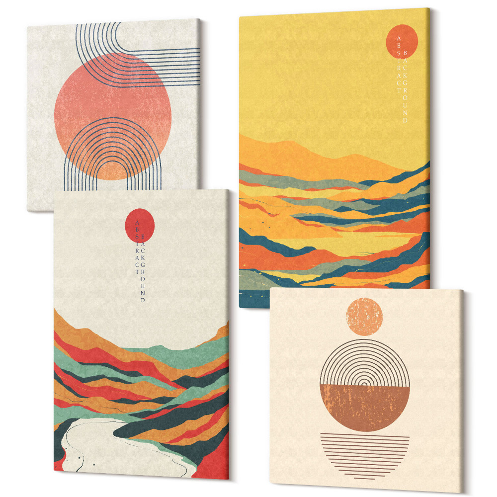 Tablou 4 piese Modele colorate de munți și râuri în stil Japandi