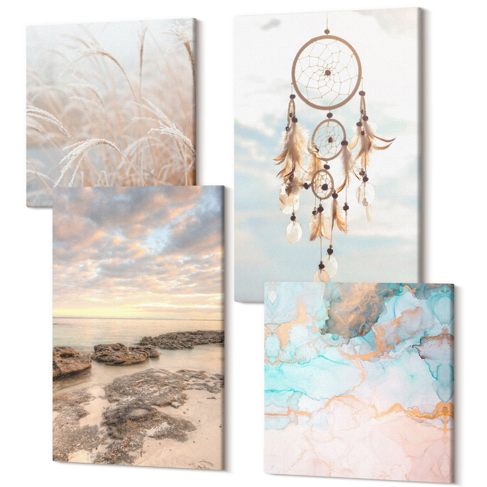 Tablou 4 piese Vedere la mare cu nori, prins de vise și iarbă