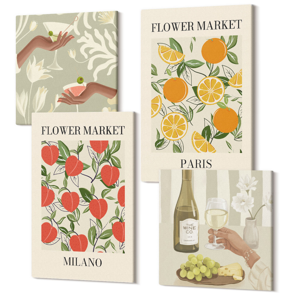 Tablouri multicanvas 4 piese Postere florale și vin Milano Paris