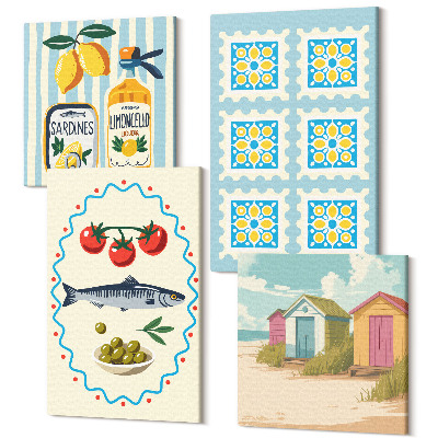 Tablou 4 piese Ilustrații de bucătărie în stil mediteranean