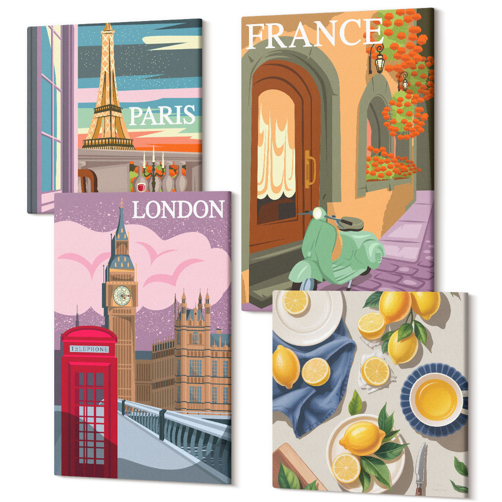 Tablouri multicanvas 4 piese Peisaje urbane din Paris, Londra și Franța lămâi