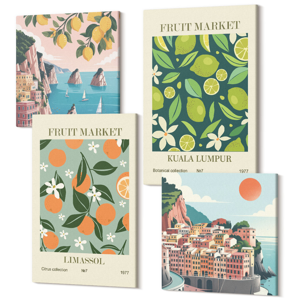 Tablou 4 piese Afișe vintage cu modele de fructe