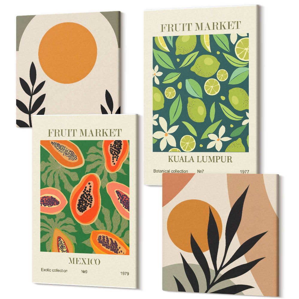 Tablou 4 piese Modele de fructe Boho lime papaya