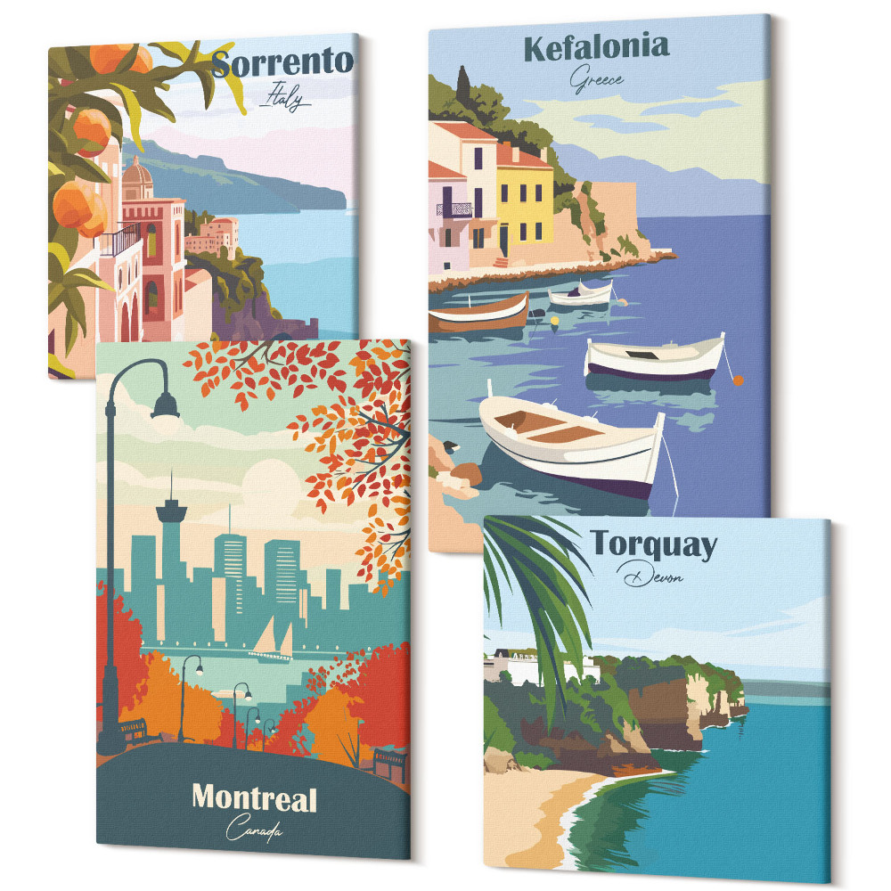 Tablouri multicanvas 4 piese Vederi retro ale orașelor și peisajelor din întreaga lume