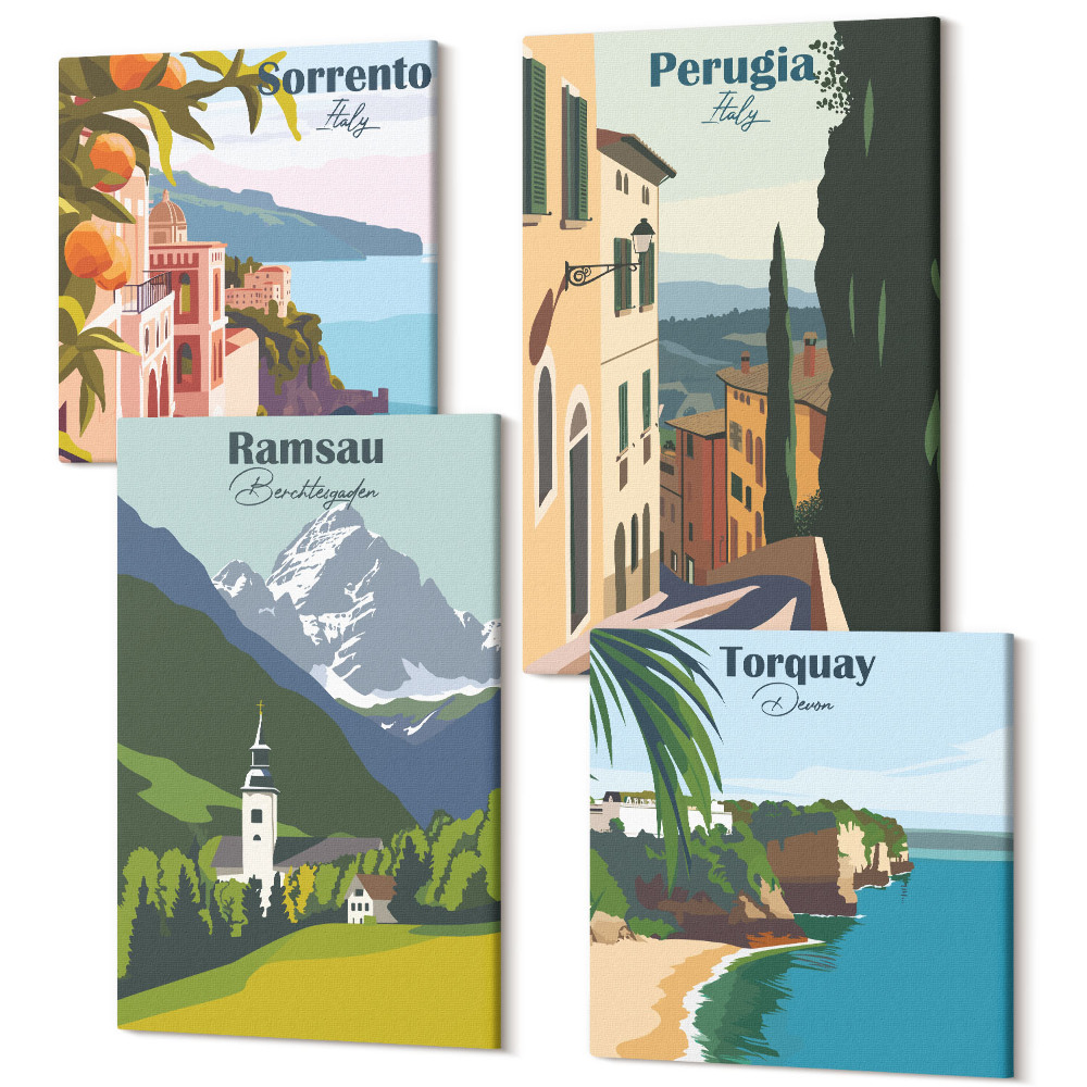 Tablouri multicanvas 4 piese Peisaje montane și străzi ale orașelor europene