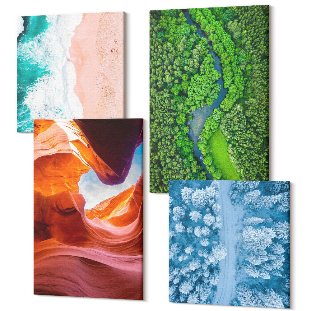 Tablouri multicanvas 4 piese Canionul de apă în mișcare și natura de iarnă a pădurii verzi