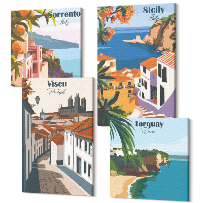 Tablou 4 piese Ilustrații retro ale orașelor celebre din întreaga lume