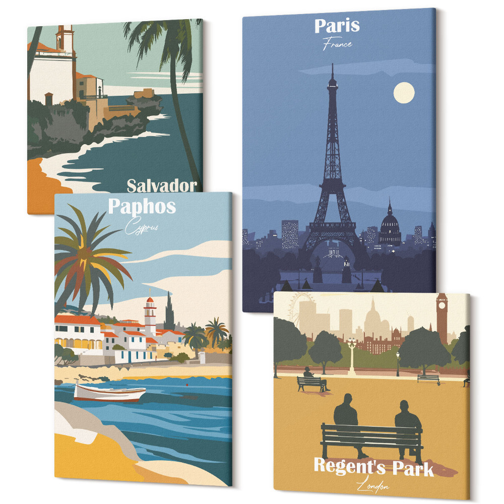 Tablou 4 piese Vederi ale orașelor de coastă și ale arhitecturii lor