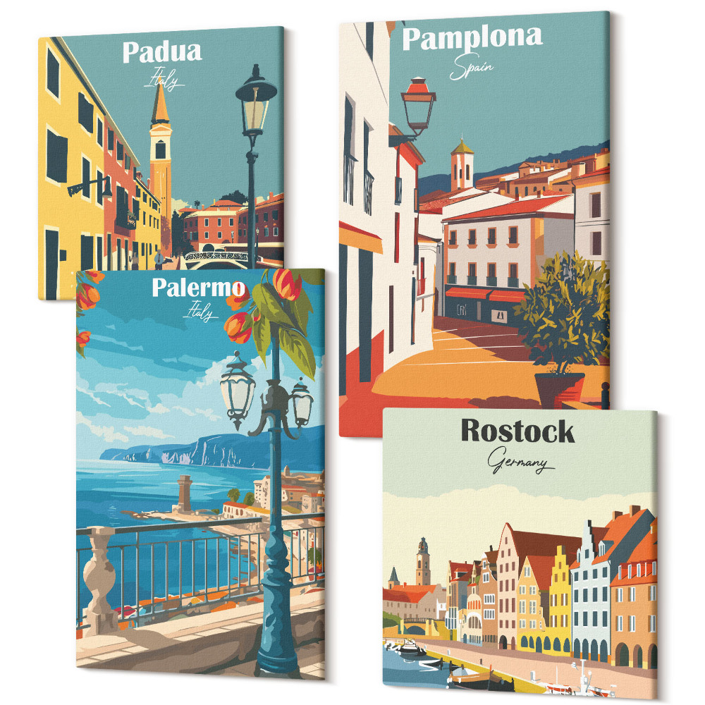 Tablouri canvas set 4 piese Orașe populare într-un stil ilustrativ retro