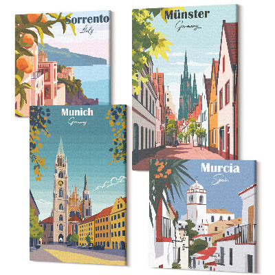 Tablouri multicanvas 4 piese Orașe europene în ilustrații colorate