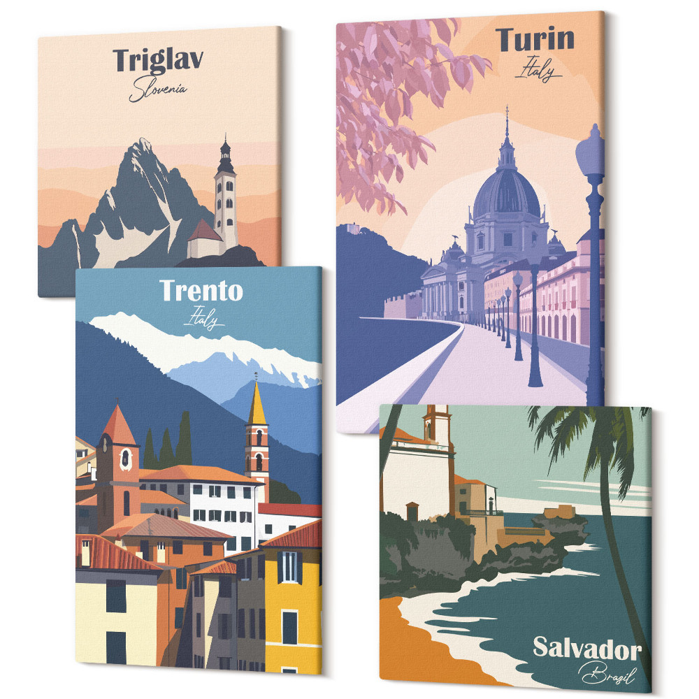 Tablouri canvas set 4 piese Munți și arhitectură retro ilustrații colorate