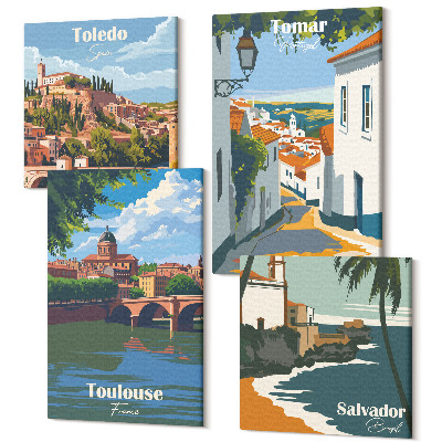 Tablouri multicanvas 4 piese Grafică în stil retro a orașelor celebre