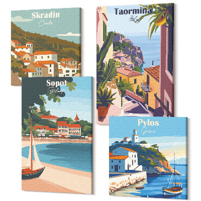 Tablouri canvas set 4 piese Orașul de pe litoral vede ilustrații elegante