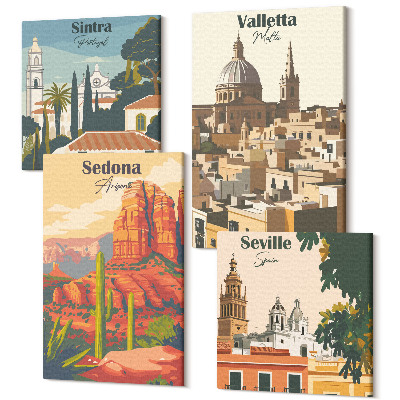 Tablouri multicanvas 4 piese Peisaje urbane retro din Sedona Sintra Seville Valletta