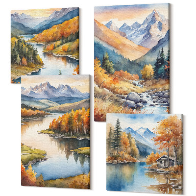 Tablou 4 piese Vedere la munte cu râu și copaci de toamnă