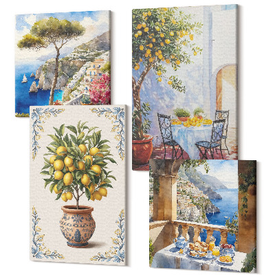 Tablouri canvas set 4 piese Vedere la mare cu lămâi și masă de grădină