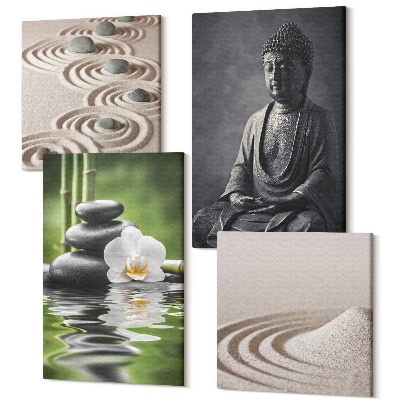 Tablouri multicanvas 4 piese Vedere relaxantă a lui Buddha, pietre pe plajă și bambus
