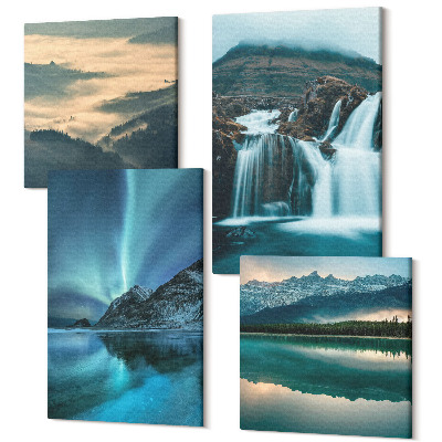Tablouri canvas set 4 piese Peisaje de iarnă cu cascade și aurore boreale